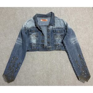Apollo Jeans Jacket Womens XL Blue Embroidered Sequin Cropped Denim Boho Western